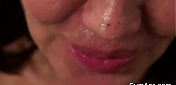  Hot bombshell gets cumshot on her face sucking all the jizz